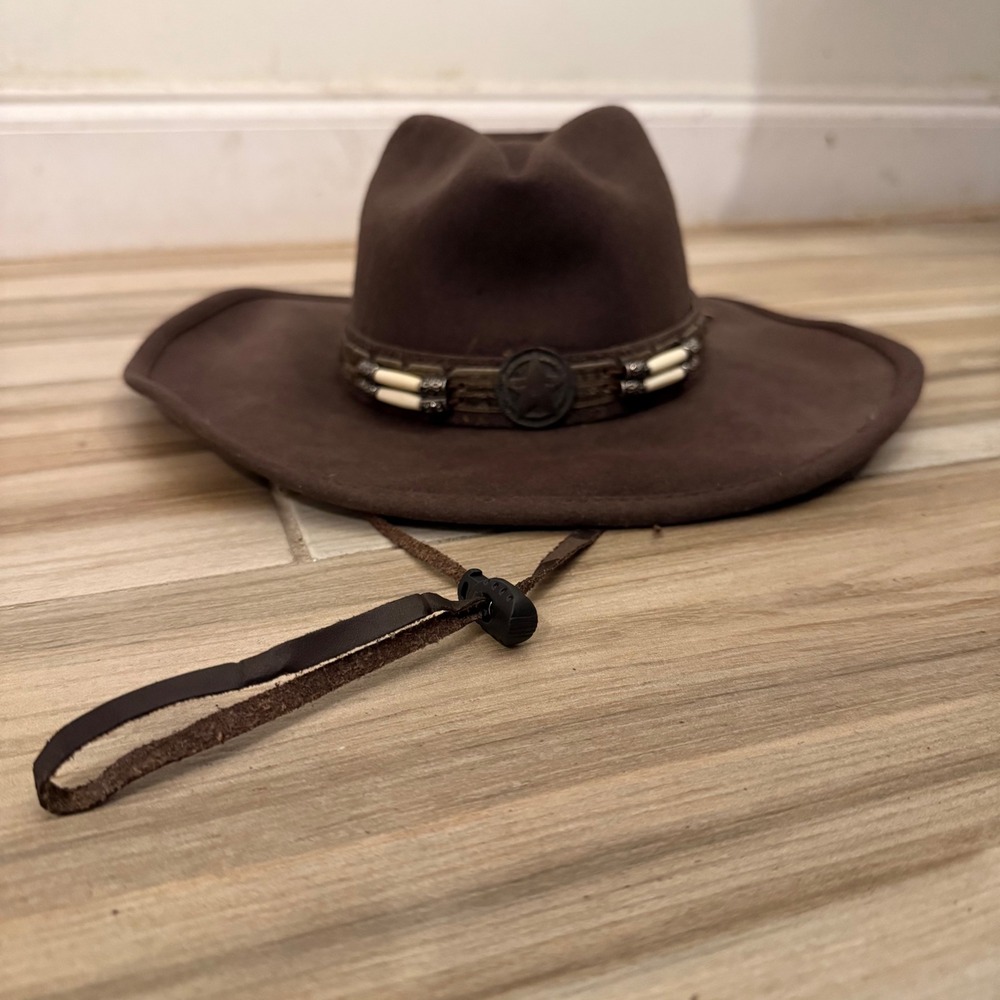 Bullhide Brown Wool Felt Cowboy Hat Star Concho Bone Beads Chin Strap Small